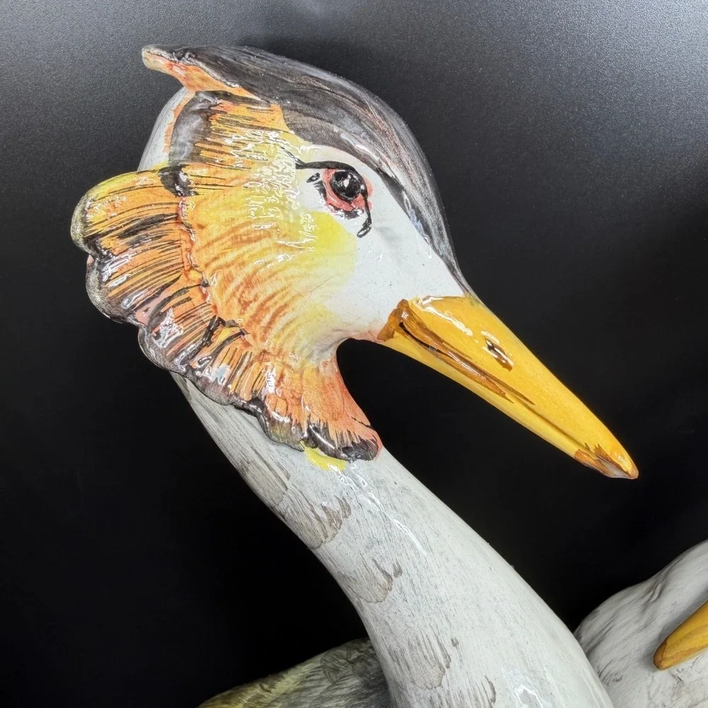 Italian Grebe Water Bird Figurines Set Majolica Stork Crane Hand Painted Italy